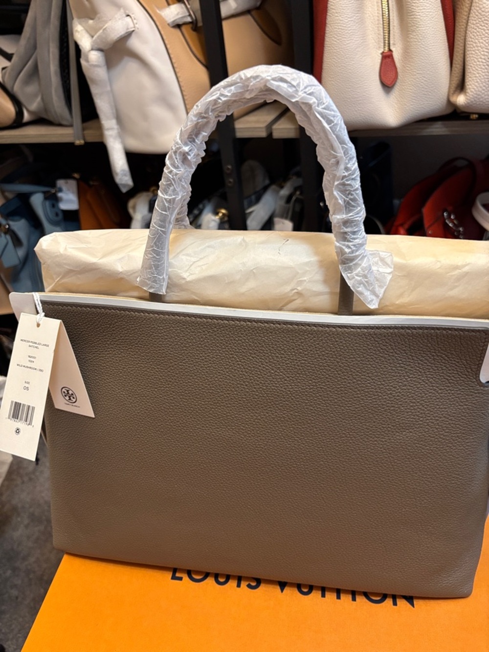 Tory Burch Mercer large satchel!  Taupe Leather Tote Bag with White Trim